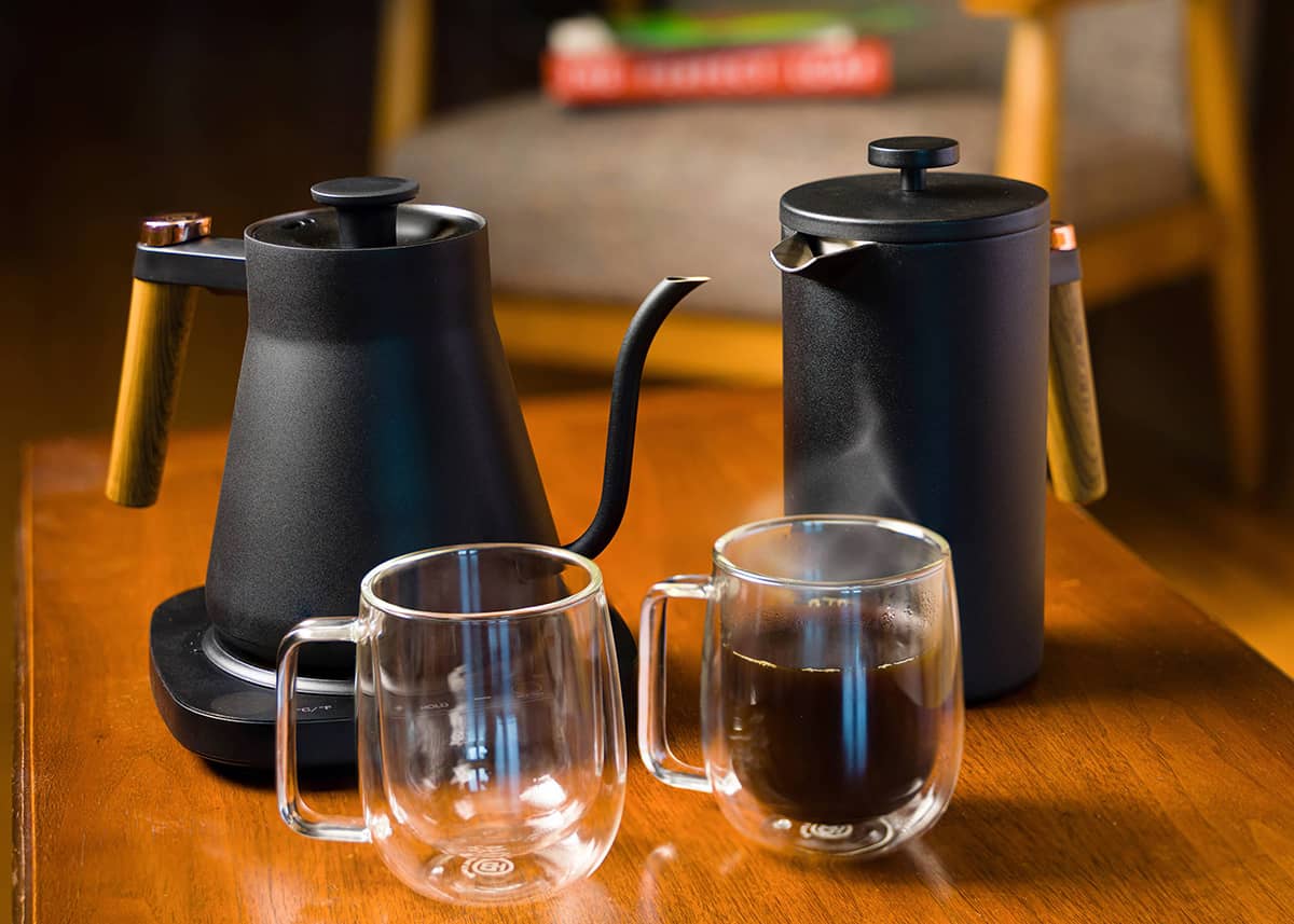 Water Kettle, French Press and two glass mugs with coffee