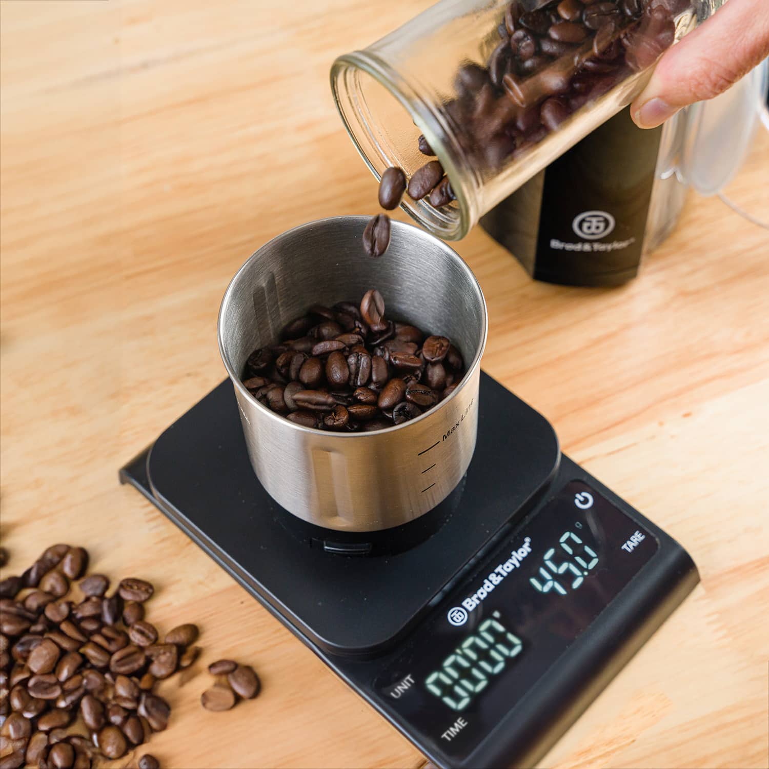 Measuring coffee beans using Brod & Taylor's coffee scale