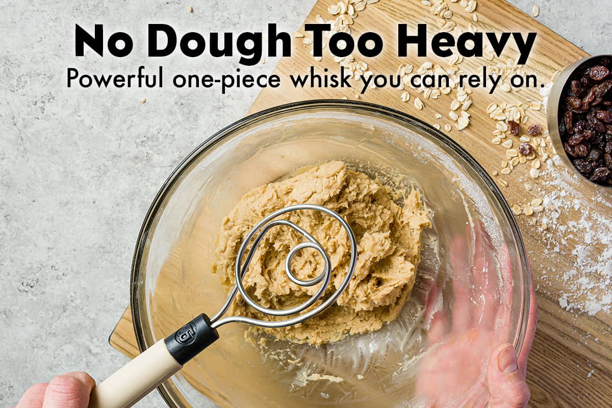 Dough Whisk - bread dough in a glass bowl