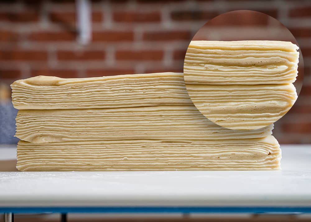  A cross-section of laminated dough demonstrating the layers