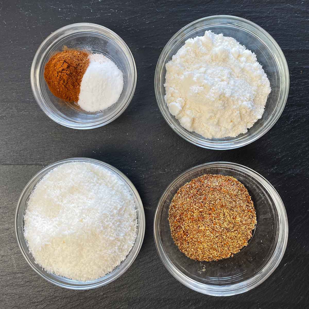 Dry ingredients in 4 bowls