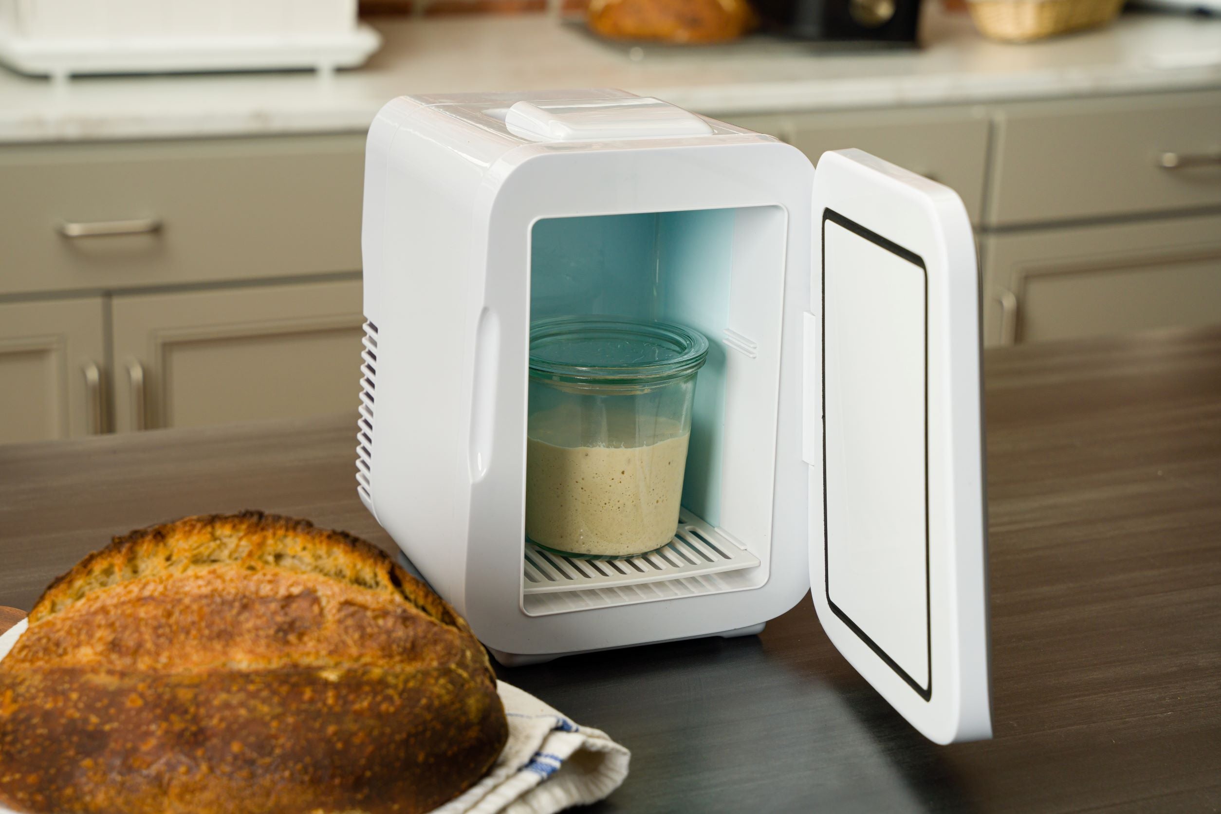 Sourdough Home with door askew and a jar of starter inside