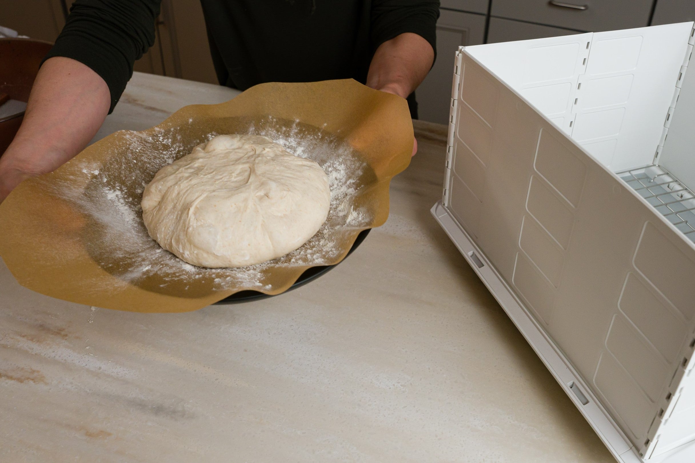 fully risen dough on a parchment lined plate being lifted out of the folding proofer