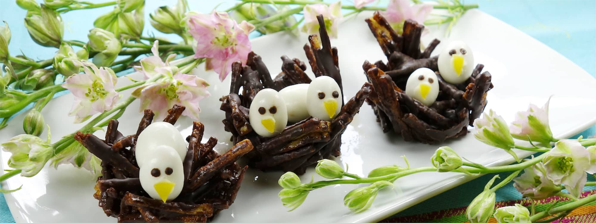 Chocolate bird nests with white chocolate eggs