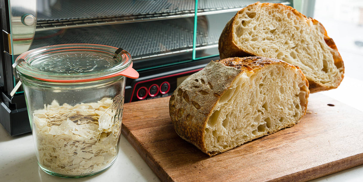 Sourdough bread and dehydrated sourdough starter in a jar