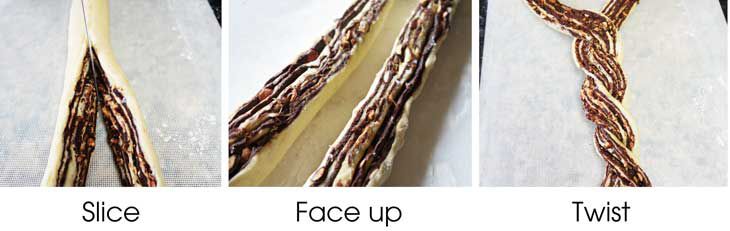 Shape the babka, slice, face up and twist