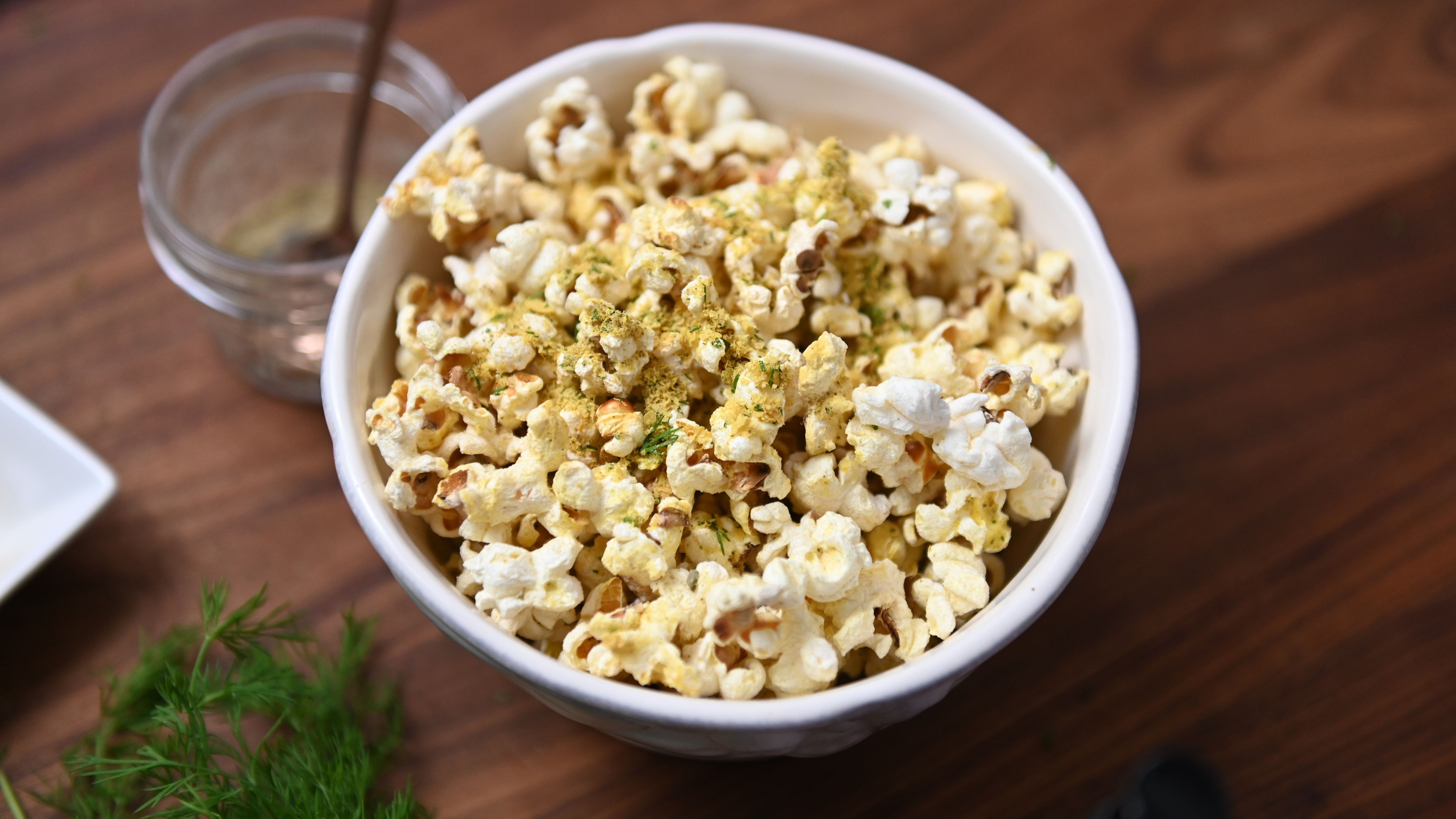Popcorn flavored with pickle powder, dill, and nutritional yeast