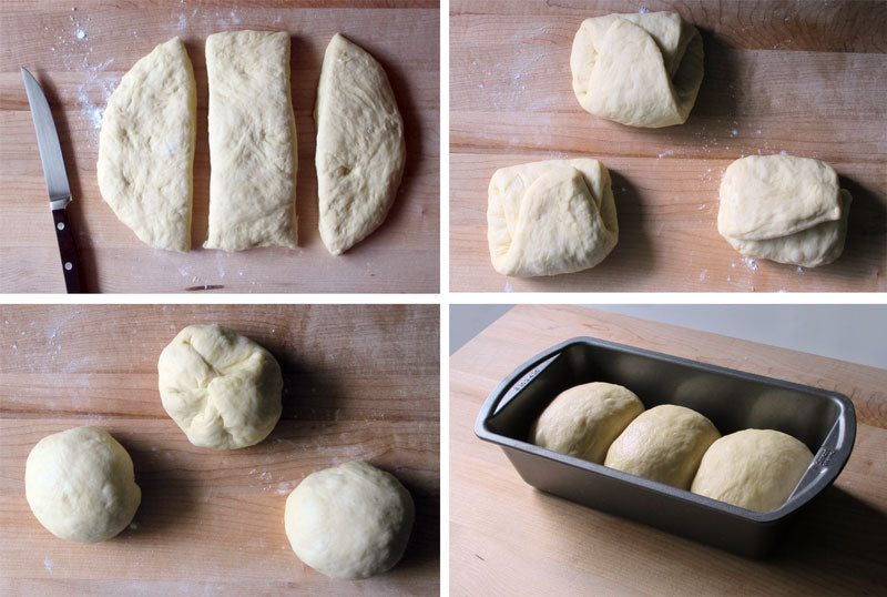 Dividing, shaping, and placing brioche into a tin