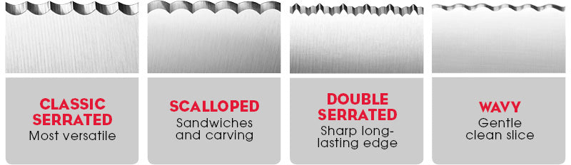 different serrations on serrated knife blades: classic, scalloped, double-serrated, and wavy