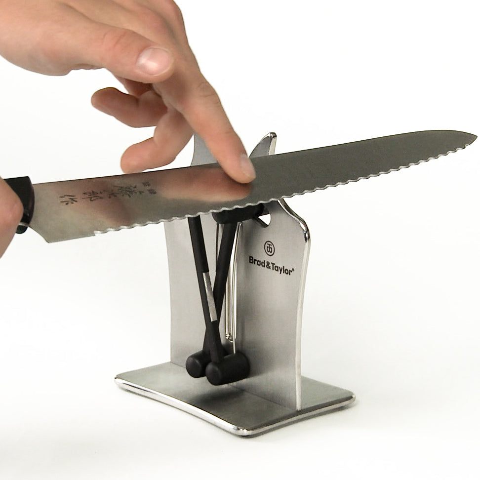 Sharpening a serrated knife blade edge with the brod and taylor professional knife sharpener