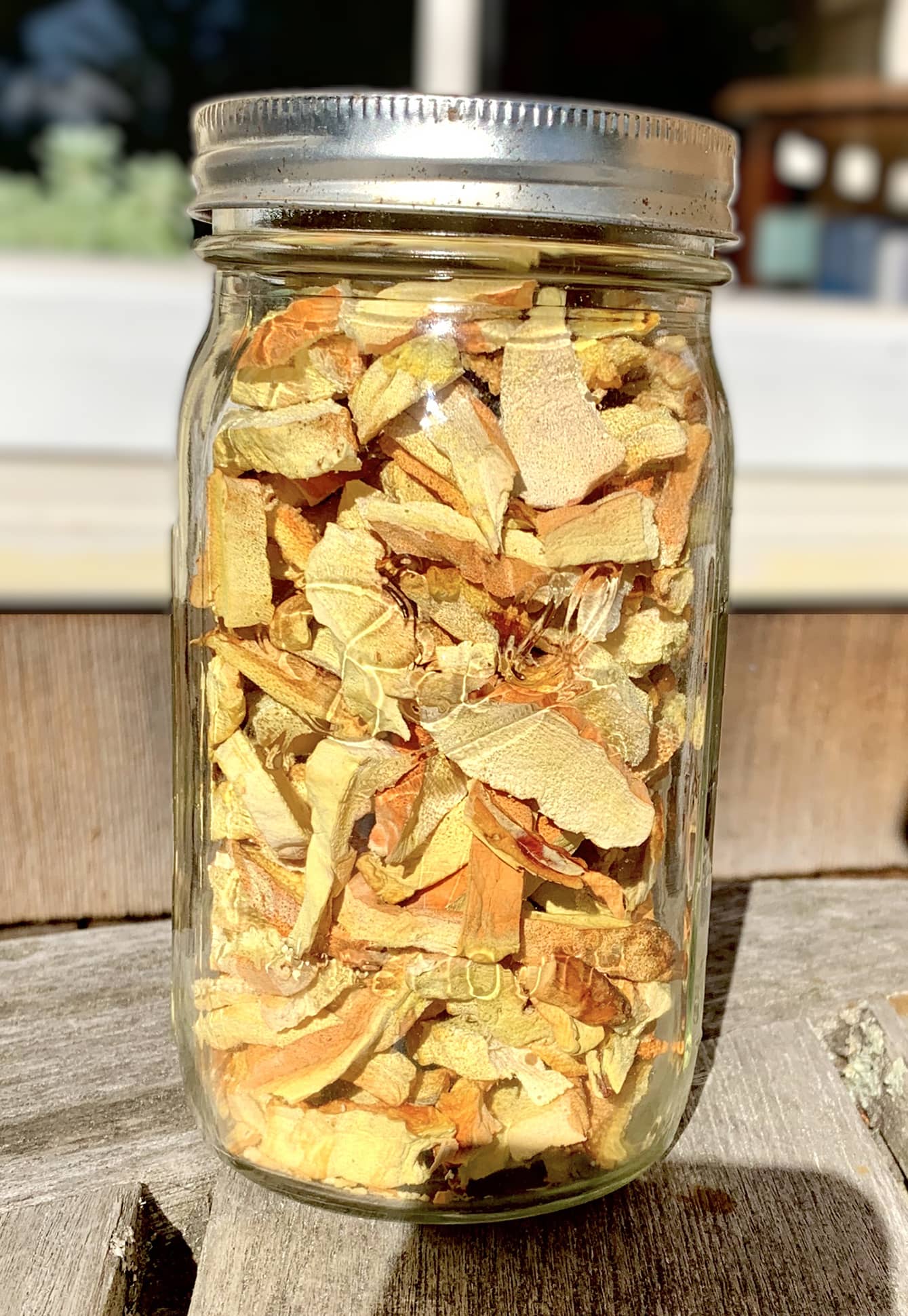 Dehyerated Chicken of the woods mushrooms in a jar