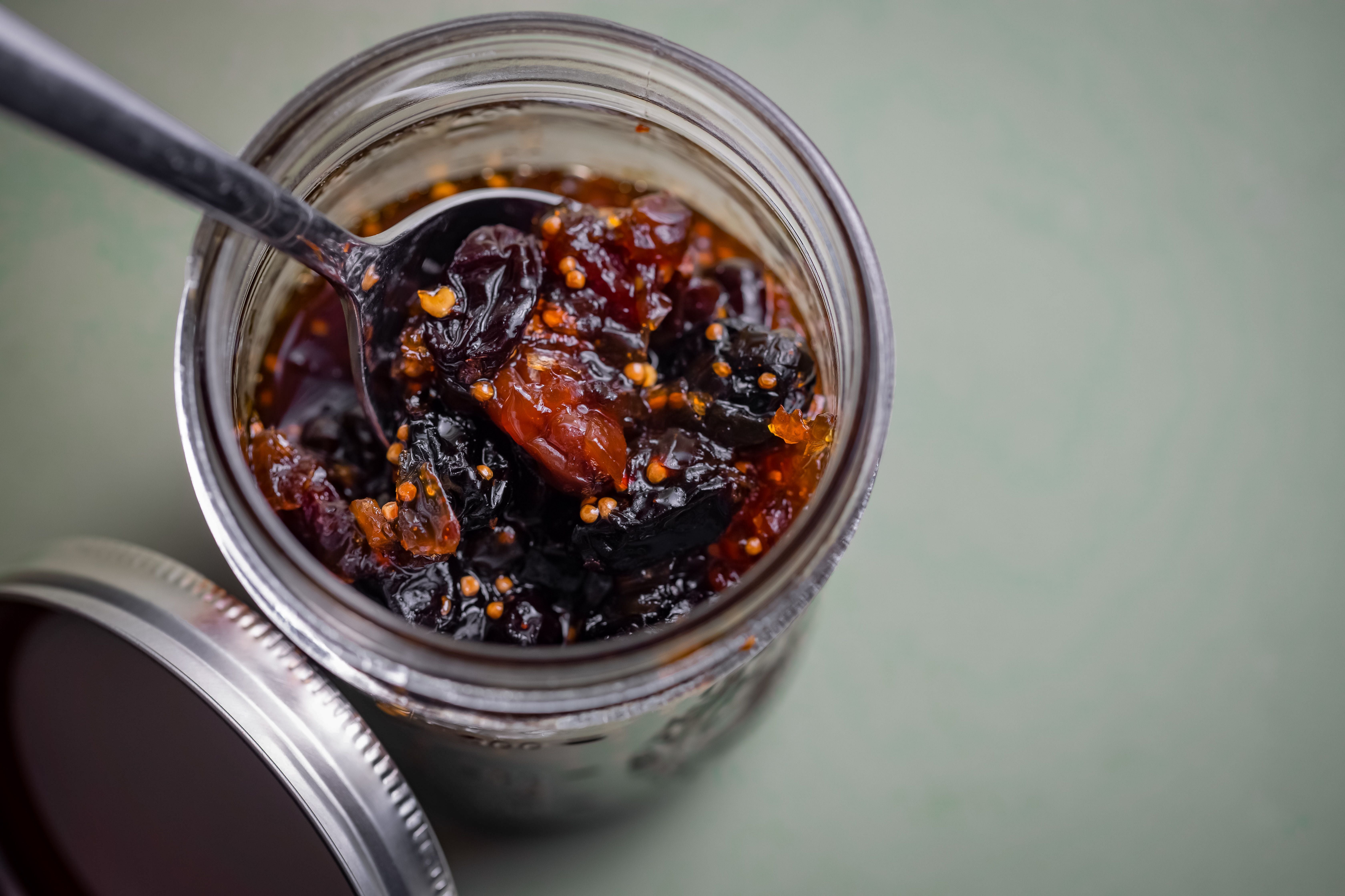 Homemade grape chutney in a jar