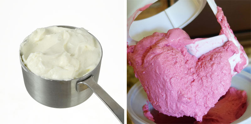 Plain yogurt, and raspberry yogurt mix in the ice cream maker