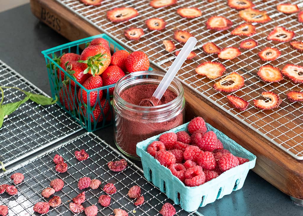 Fresh raspberries and strawberries, dehydrated chips, and berry powder