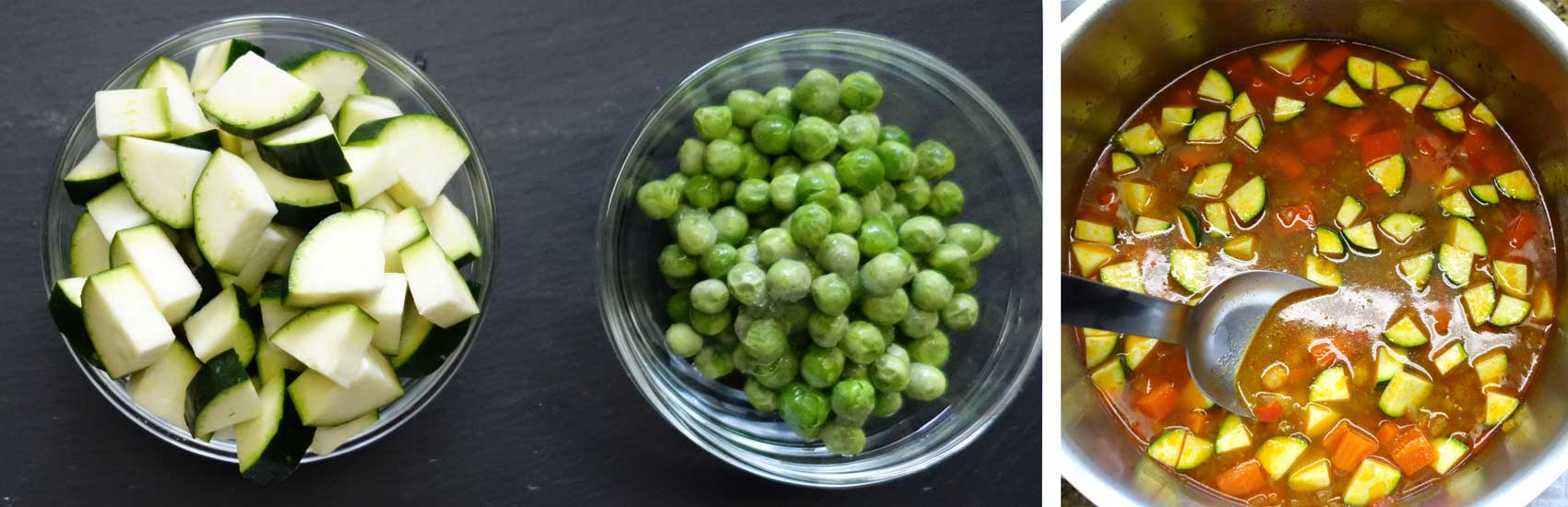 Add peas and zucchini to the pot and cook