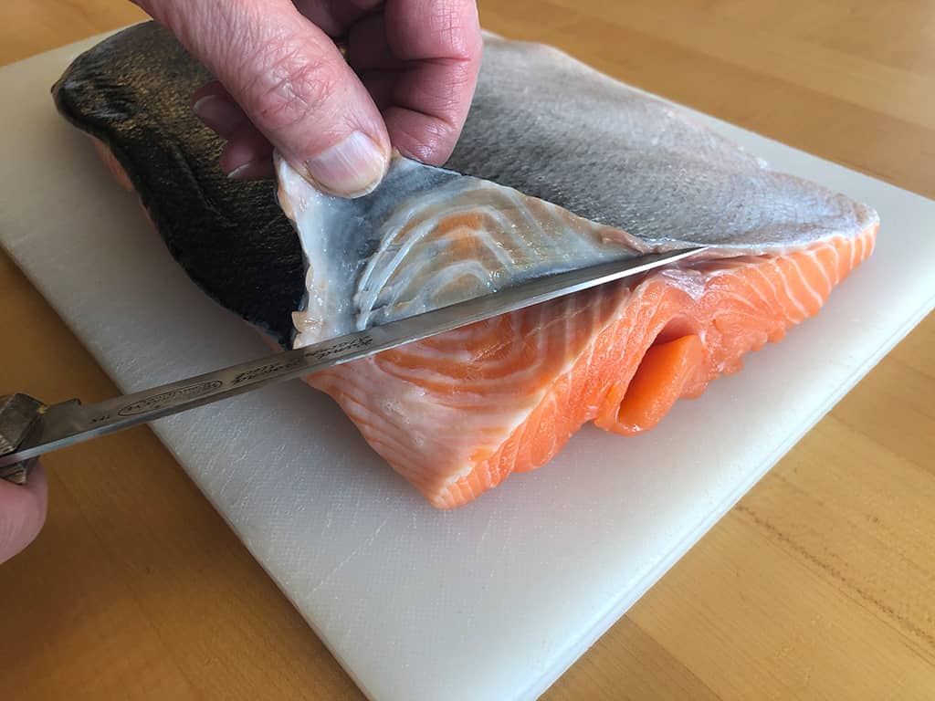 Skinning  a salmon fillet