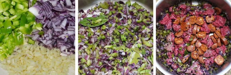 Three photos showing diced vegetable ingredients, fried vegetable ingredients, and adding meat