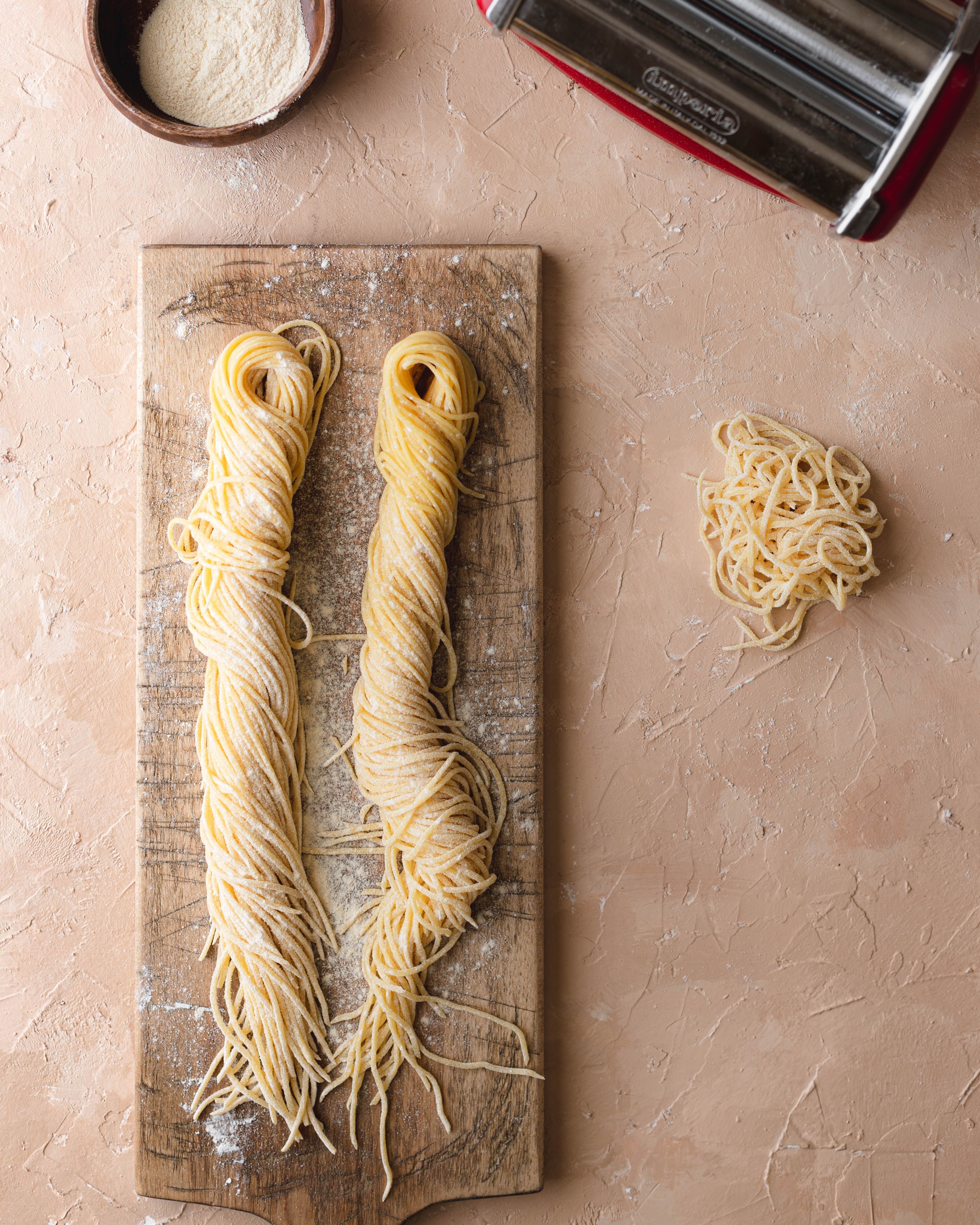 Two twists of homemade spaghetti style pasta