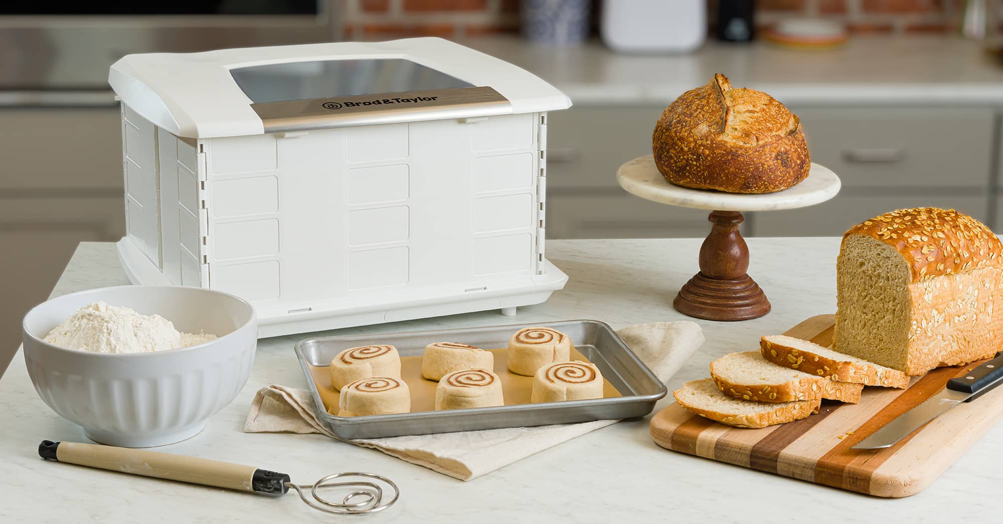 Proofer, sourdough bread, seeded sourdough, and cinnamon roll dough on a kitchen counter