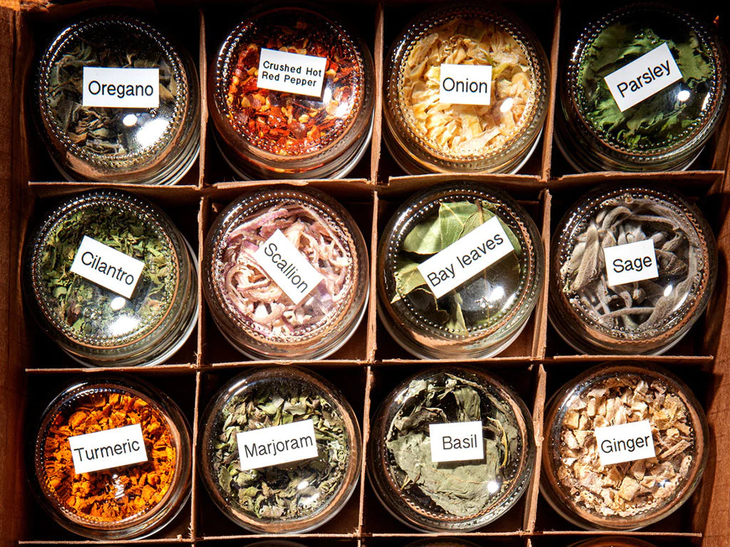 Dehydrated spices and herbs in jars