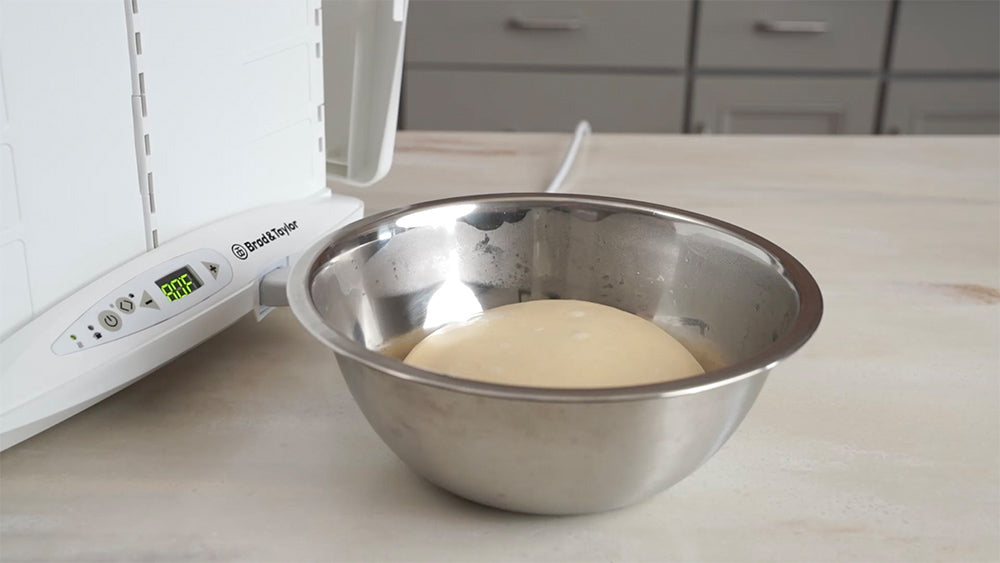 Dough in a stainless steel bowl, not covered