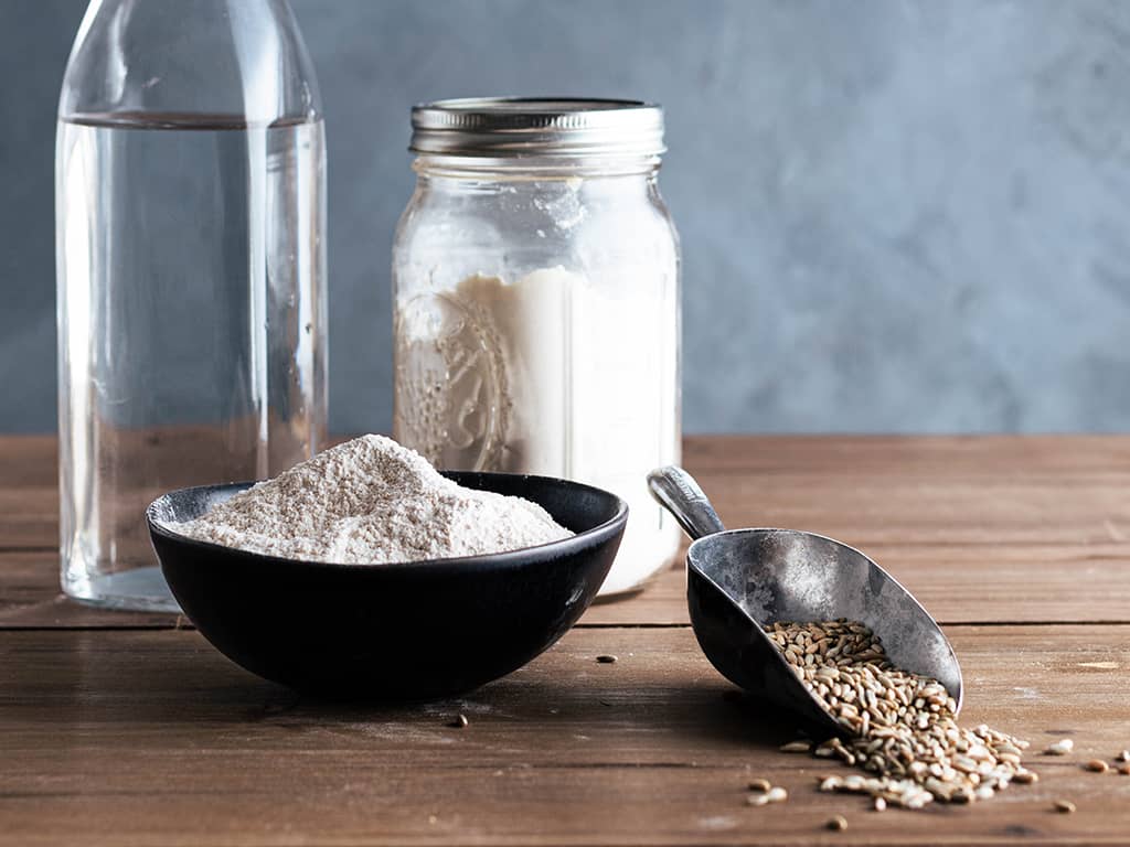 Sourdough starter ingredients, water & flour