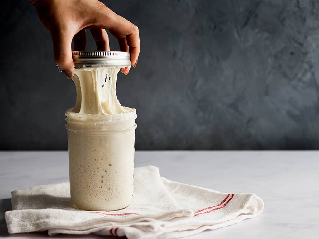 Stretchy sourdough starter in a glass jar