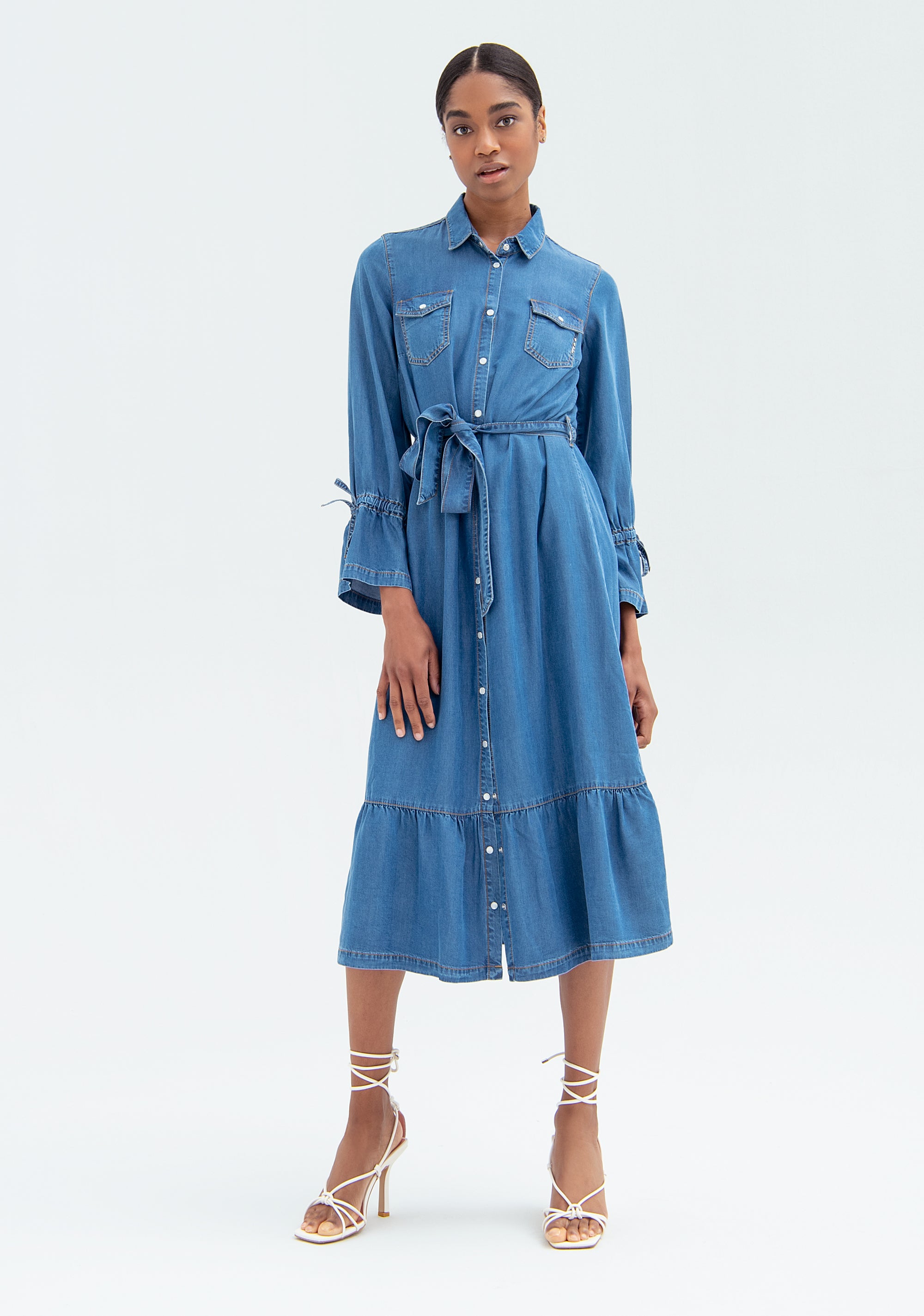 Chemisier dress with A-shape, middle length, made in chambray-FRACOMINA ...