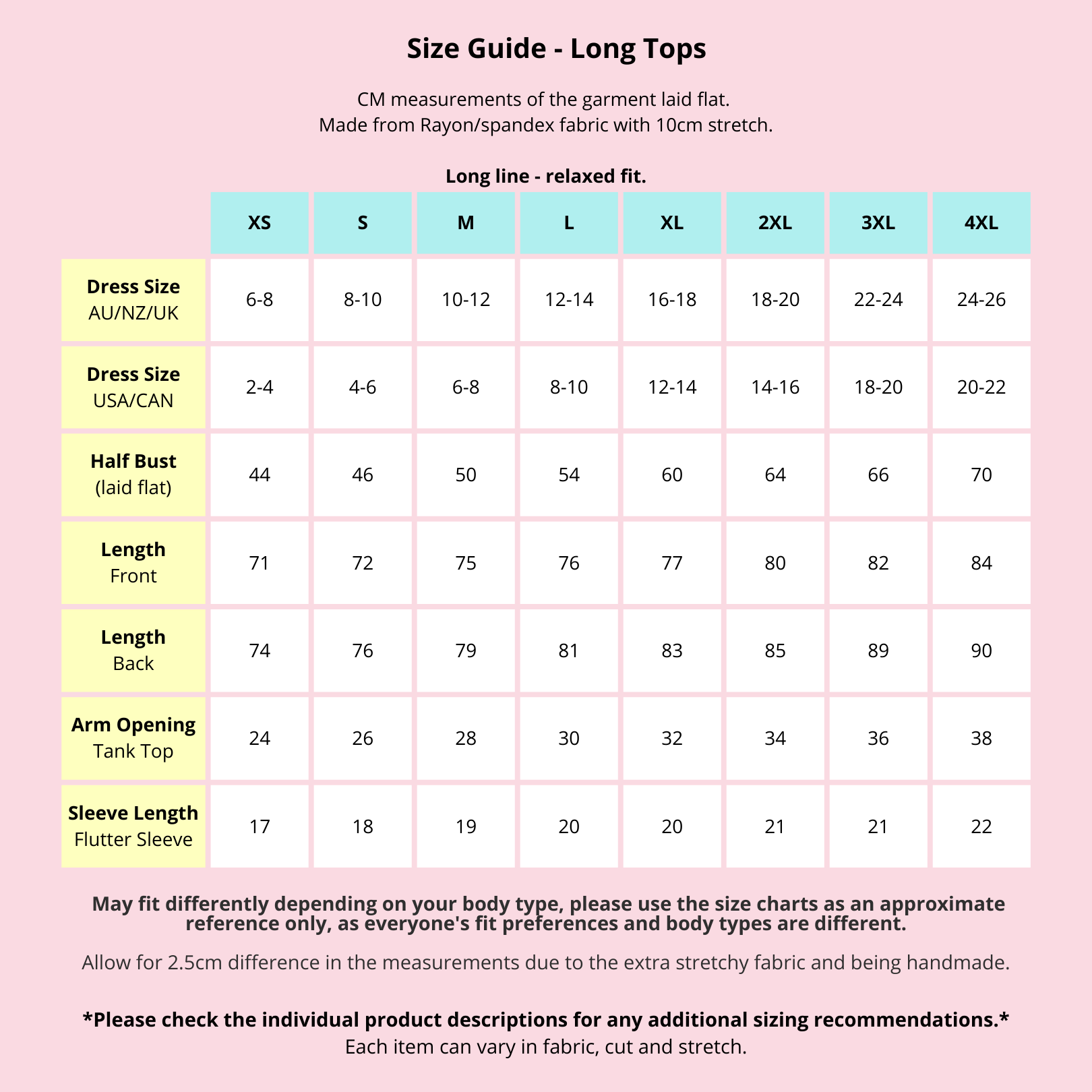 Size Guide - Long-line Tops – Pawlie
