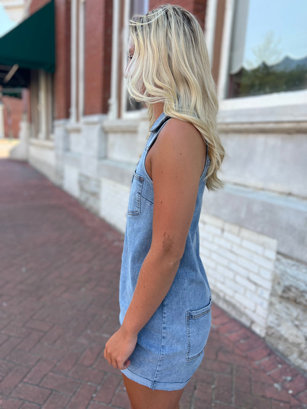 FORTUNATE FLIRT DENIM ROMPER- 2 COLORS