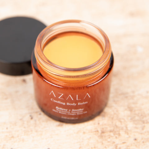 AZALA COOLING BODY BALM IN ROUND AMBER JAR AND BLACK CAP