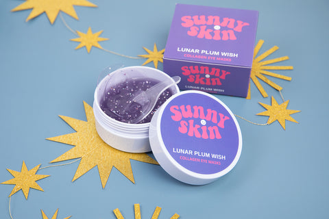 Sunny skin jar with eye masks and scooper and purple box