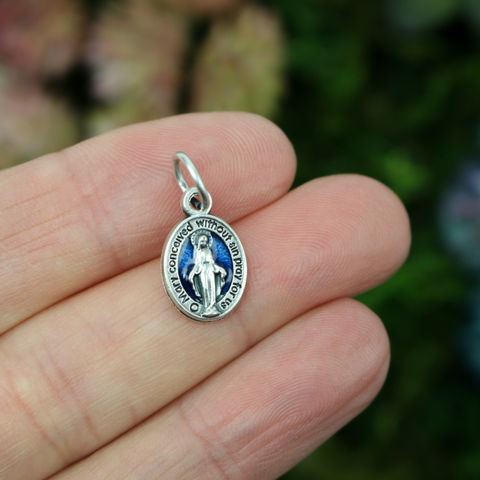 Royal Blue Enamel Italian Catholic Silver Miraculous Medal of the