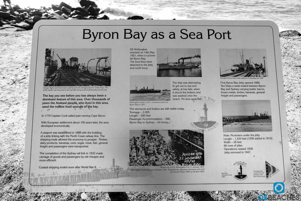 Informational sign about Byron Bay as a sea port and the SS Wollongongbar