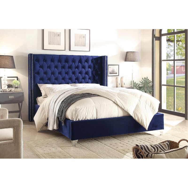Queen Navy Jennie Solid Wood Tufted Upholstered Low Profile Platform Bed SB1879