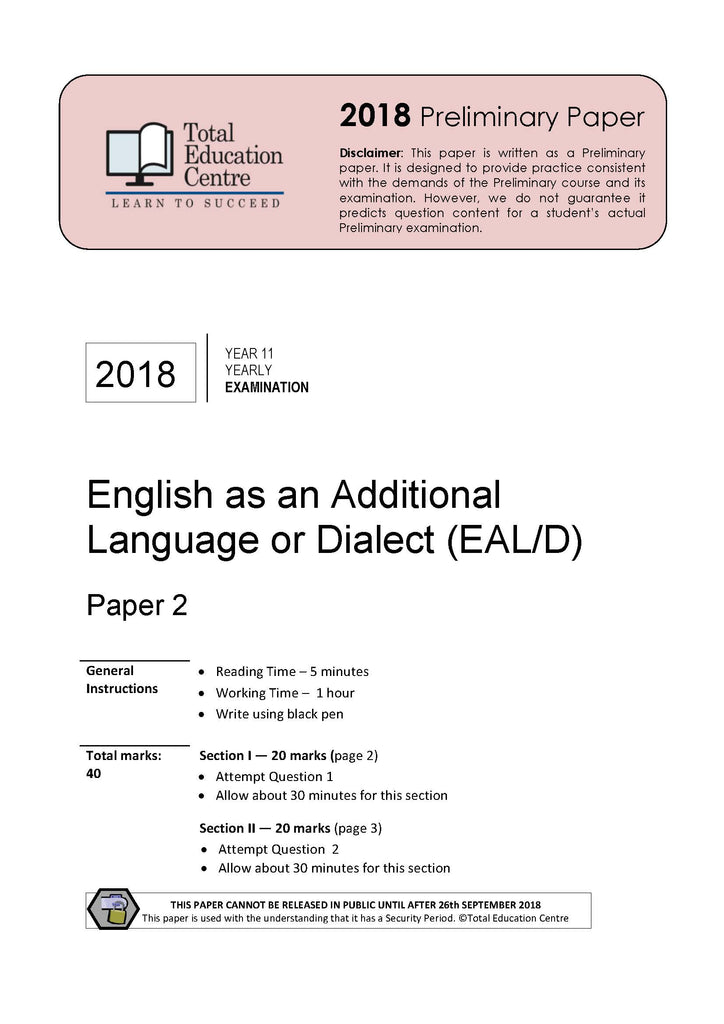 2018 English As An Additional Language Or Dialect Eald Year 11 Pap Total Education Centre