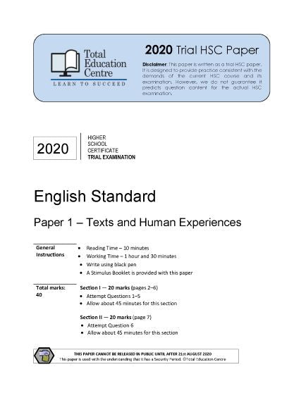 2020 Trial HSC English Standard Paper 1 | Total Education Centre