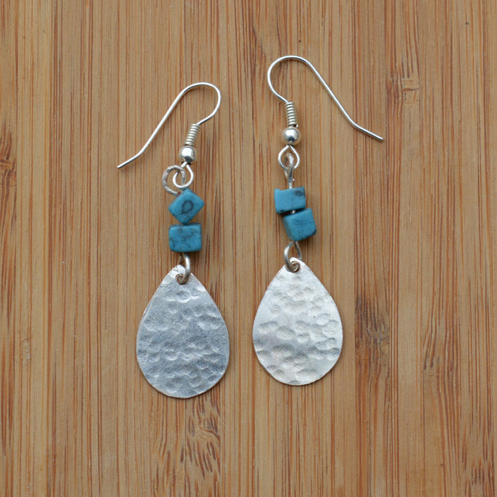 Silver Plated Mini Oval and Turquoise Chip Earrings