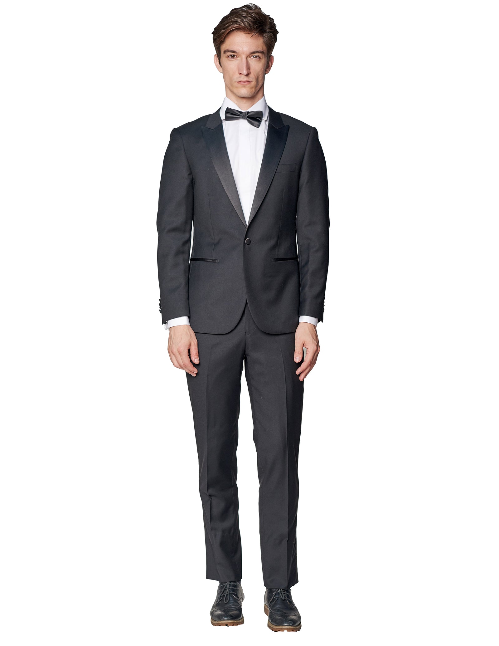Complete look - BLACK PEAK SATIN LAPEL TUXEDO - Classy Formal Wear