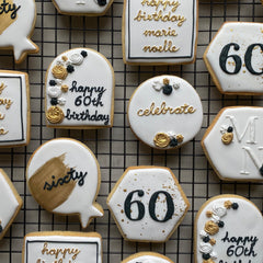 CUSTOM BLACK WHITE GOLD 60TH BIRTHDAY COOKIES