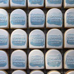 CUSTOM CHRISTENING COOKIES- ARCH LIGHT BLUE WITH SMEAR 