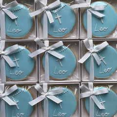 CUSTOM CHRISTENING COOKIES-  ROUND LIGHT BLUE IN BOXES