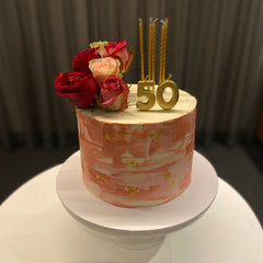 CUSTOM 50TH BIRTHDAY PINK CAKE WITH FRESH FLOWERS