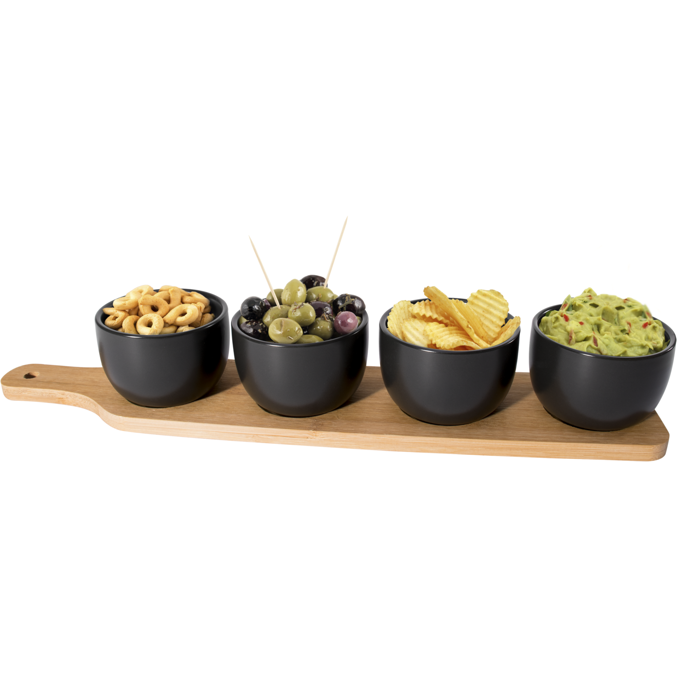 SET APERITIVO 5PZ ANTIPASTIERA CON BASE IN BAMBOO E CIOTOLE IN CERAMICA  COLORATE