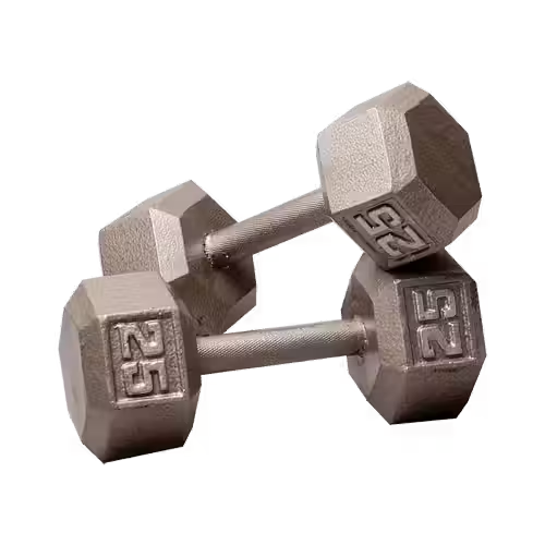 Pair of metal hexagonal dumbbells on a plain background.