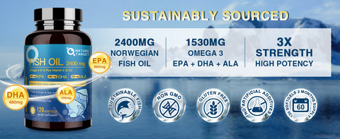 Fish Oil Supplements 2400mg - Triple Strength Omega 3 6 9 Softgels with Vitamin D3 & E - EPA & DHA & ALA