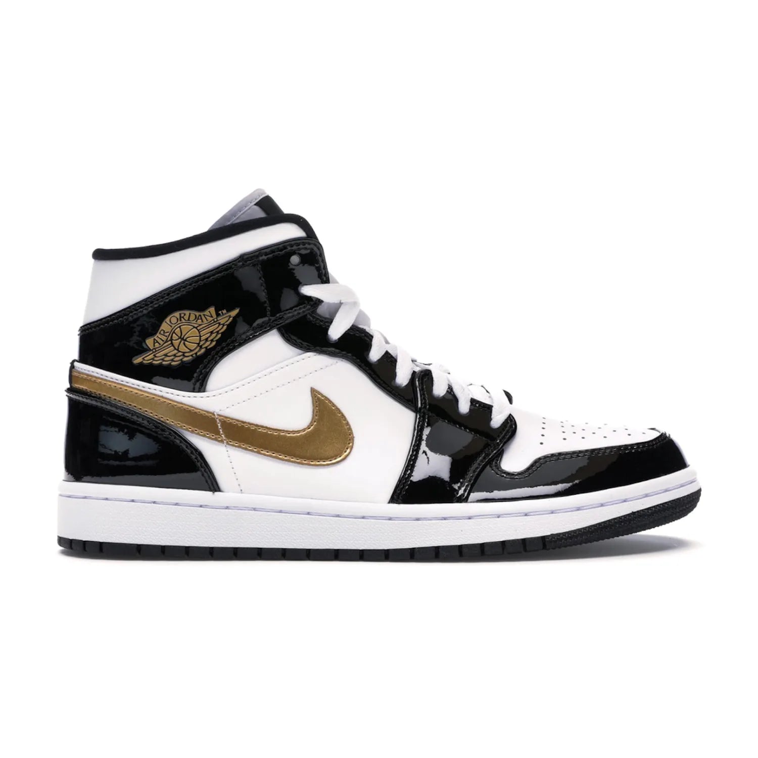 Jordan 1 Mid Patent Black White Gold