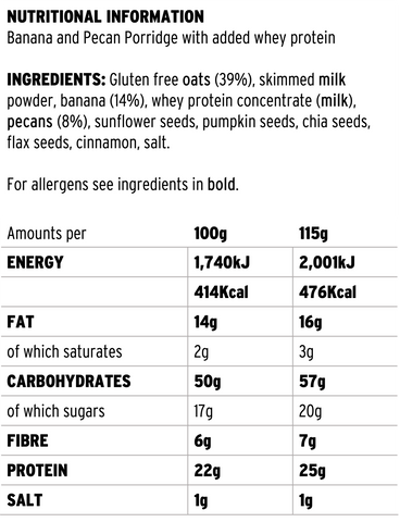 Resilient Nutrition High Protein Porridge Banana & Pecan Nutritional Information