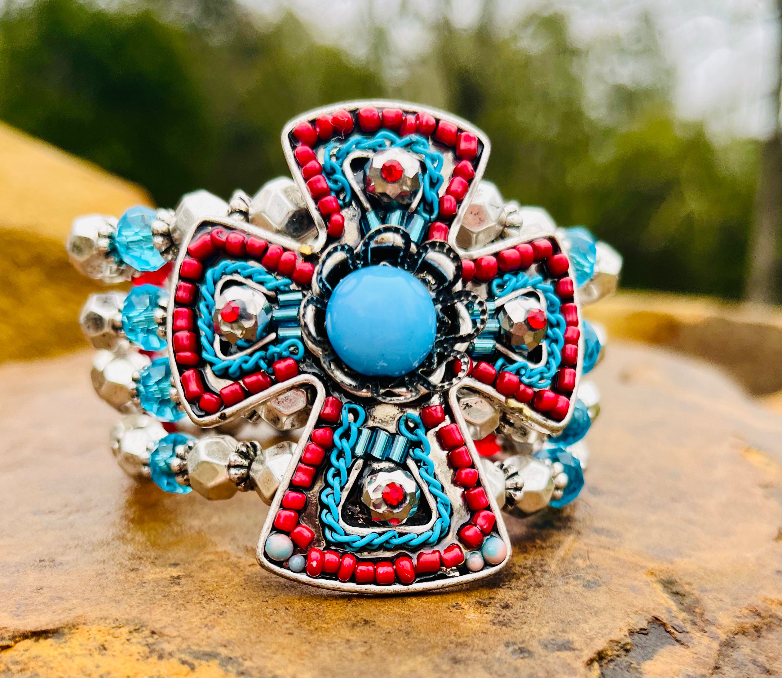 Cross with Beads Stretch Bracelet