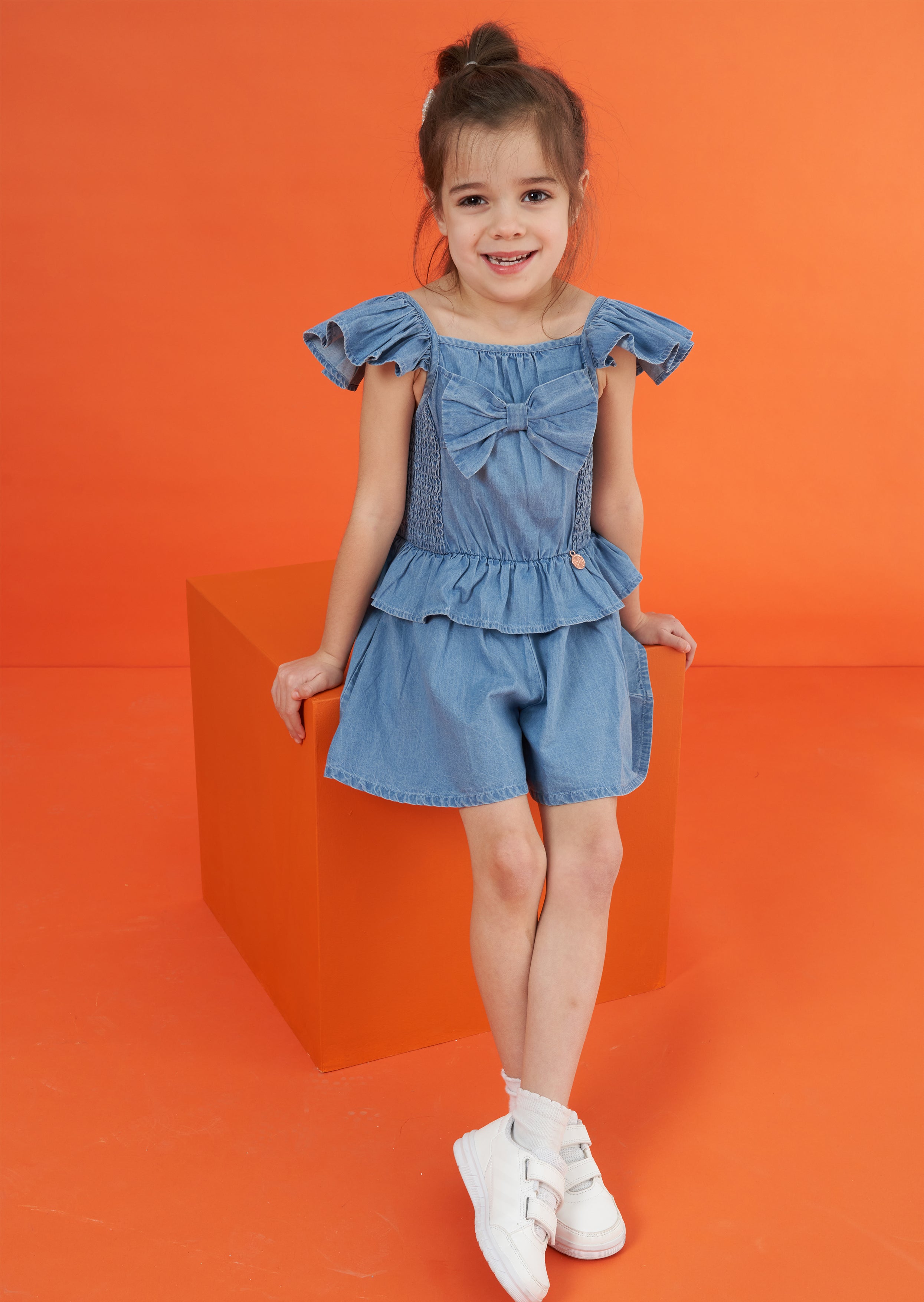 Girls Solid Blue Denim Sleeveless Playsuit